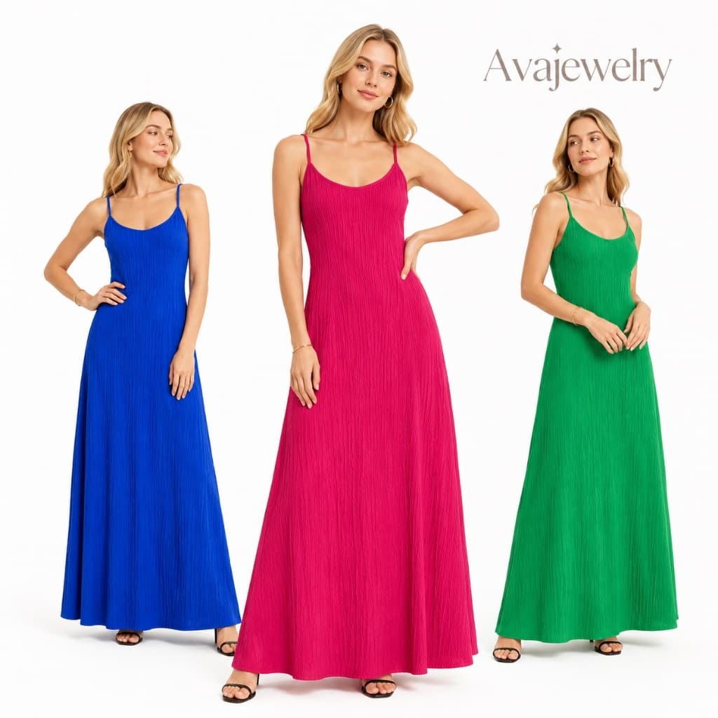 👗Vestido Longo Feminino com Alças Finas Tecido Texturizado Modelagem em A Elegante Verão Casual