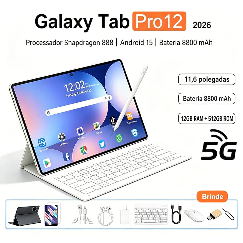 Tablet Galaxy Pro12 | 16GB RAM 512GB | Android 15 | Tela 11.6" HD | 5G | Snapdragon 888 Com Teclado e Mouse Grátis