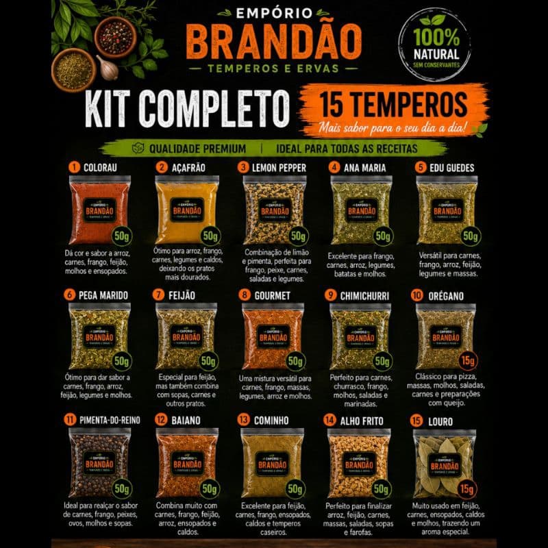 Kit Completo de Temperos e Condimentos com qualidade Premium, kits com 30g