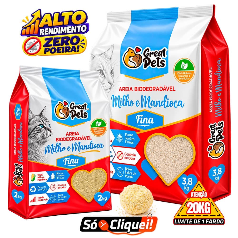 Areia Sanitária de Gato Granulado Great Pets Milho e Mandioca 2KG e 3,8KG Alta Absorção Forma Torrões Firmes Evita Odor