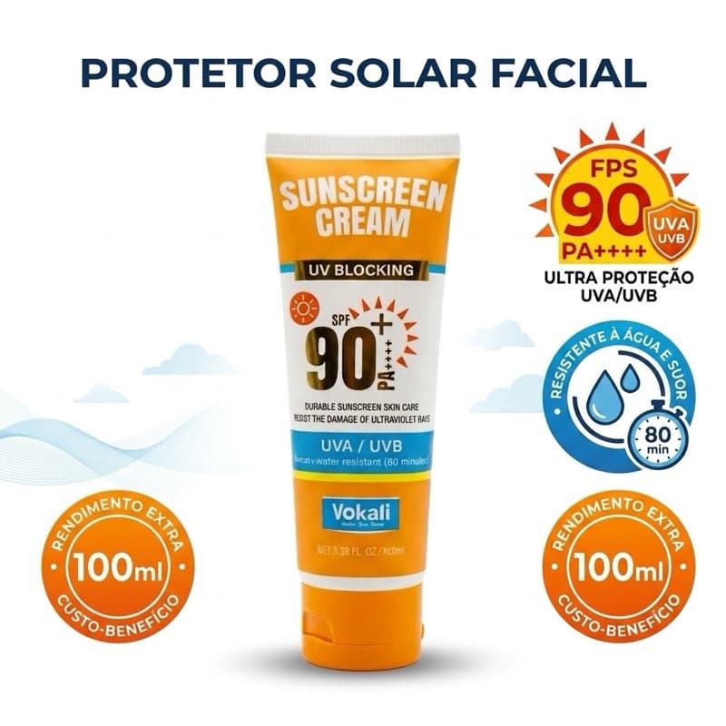Protetor Solar Vokali FPS 90 PA++ 100ml Toque seco UVA UVB Alta Proteção Facial e Corporal