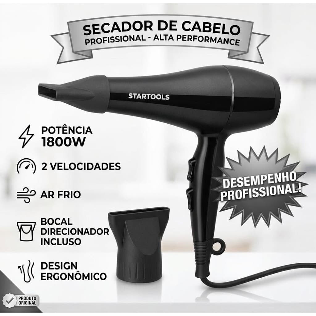 Secador de Cabelo Profissional 1800W 127V 2 Velocidades Ar Frio Bocal Direcionador Preto