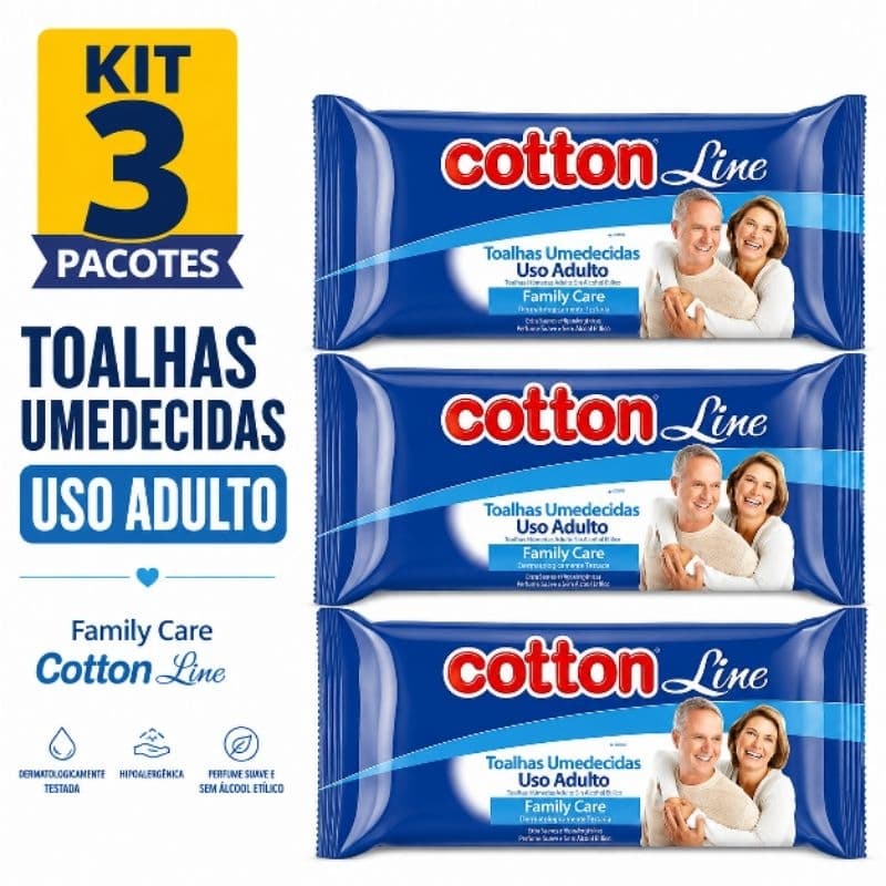 Kit 3 Toalhas Umedecidas Uso Adulto Cotton Line Family Care 120 Unidades