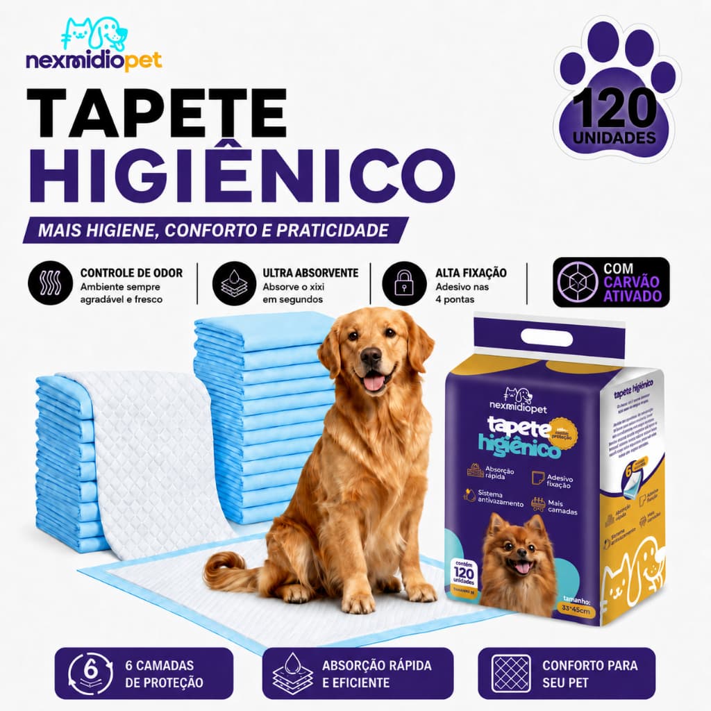 Tapete Higiênico Descartável para Cachorro 120 Unidades 45x35 cm - Fralda Pet Xixi Cão Filhote Porte Pequeno