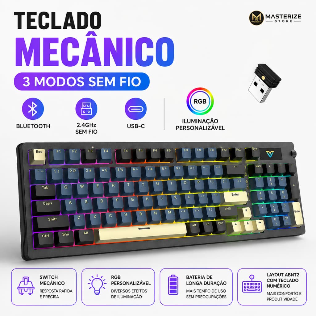 Teclado Mecânico 96 Teclas RGB Tri-Mode ABNT2,,Hot-Swap, Teclado gamer sem fio Titanium PBT