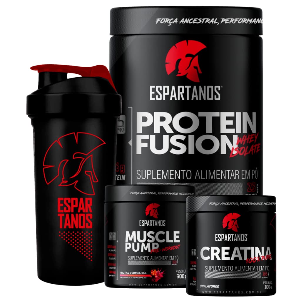 Kit Whey Fusion Protein + Pré-Treino + Creatina + Shaker - Espartanos