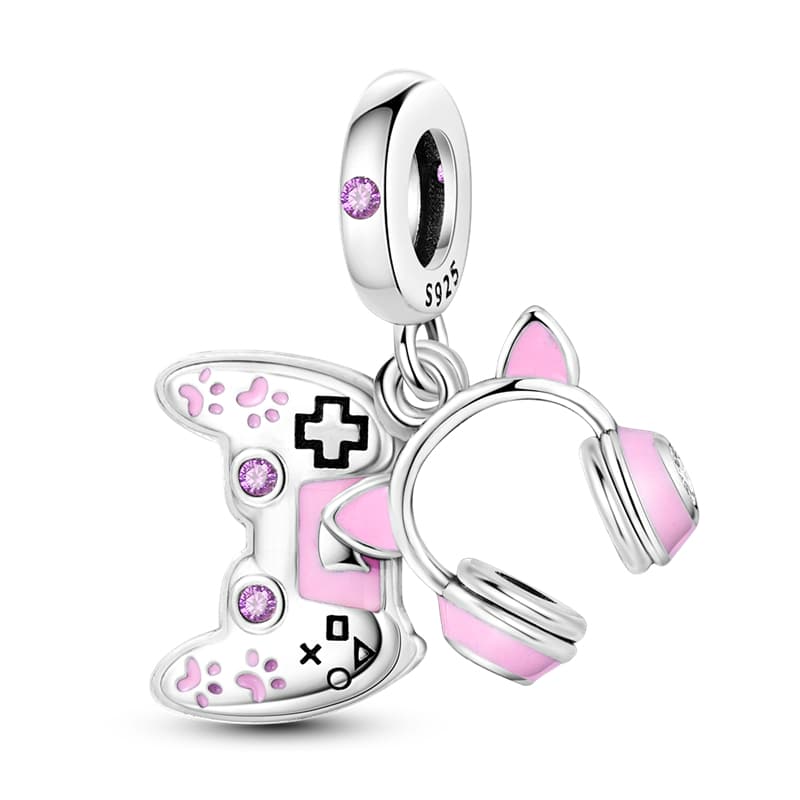 Berloque Controle de Videogame Gamer Rosa com Fone Pingente