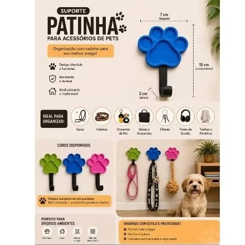 Suporte Pet Patinha Porta Coleira e Guia Suporte para Acessórios de Cachorro e Gato