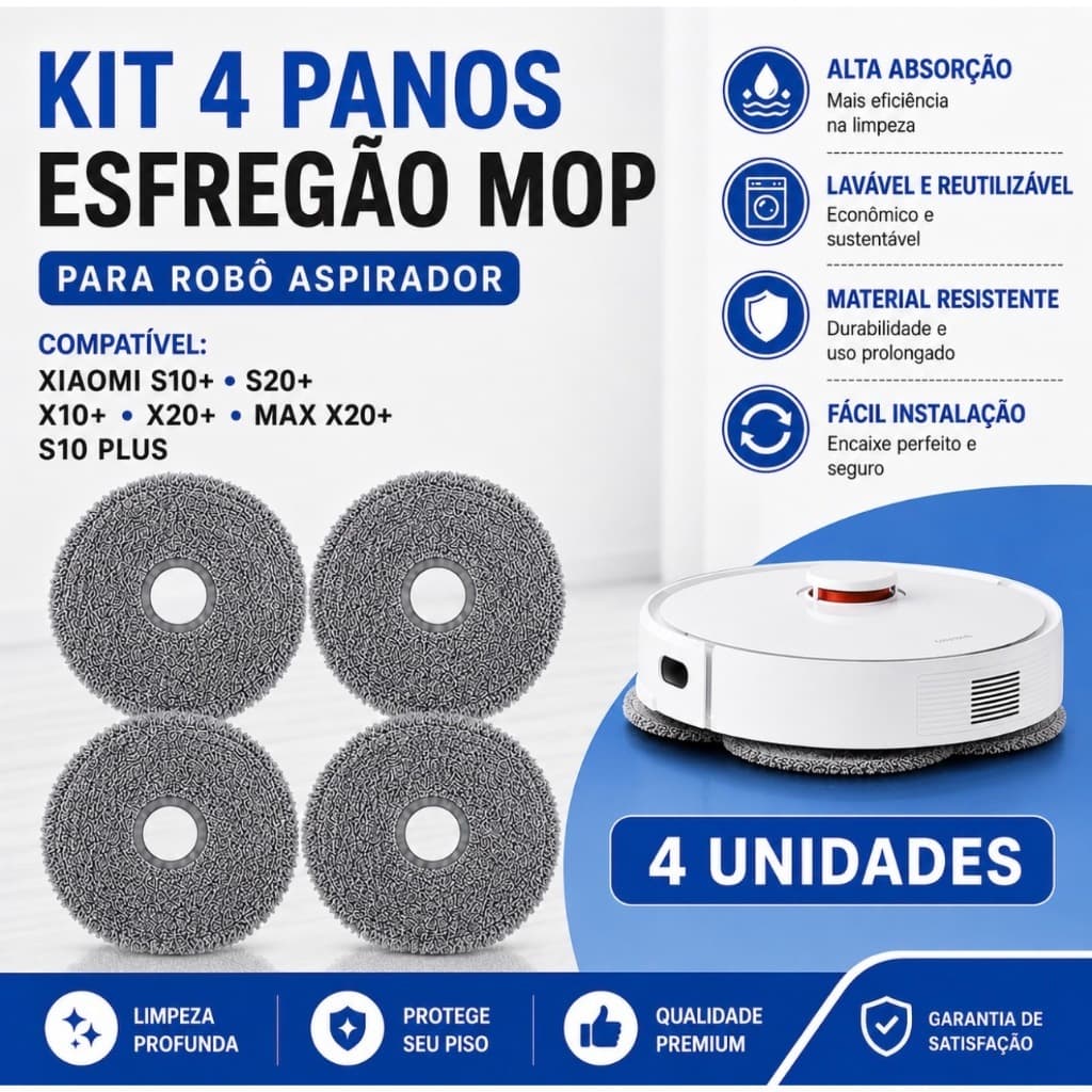 Kit 4 Pano Esfregão Mop para Robô Aspirador Xiaomi S10+ S20+ X10+ X20+ Max X20+ S10 Plus