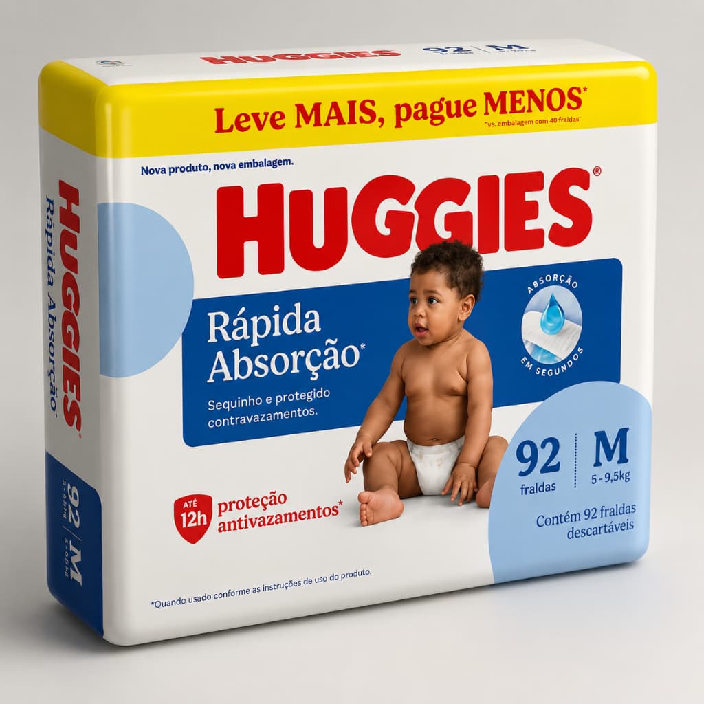 Huggies Rápida Absorção – Fraldas Descartáveis M, 92 Unidades