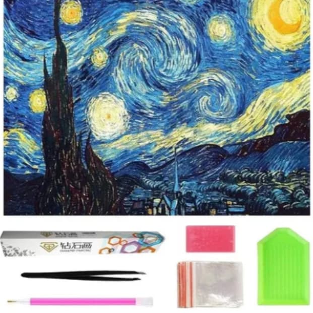 Kit Pintura com Diamantes 5D Noite Estrelada Van Gogh 30x40 cm natureza completo Diy