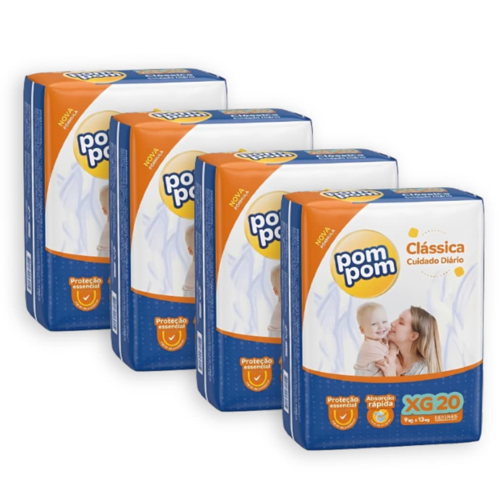 Kit 4 Fralda Descartável Pom Pom Clássica Jumbo Tamanho XG - Total 80 Unidades