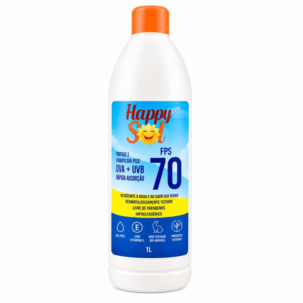 Protetor Solar 1 Litro Happy Sol FPS 70 com Vitamina E Resistente a Agua e Suor Facial e Corporal