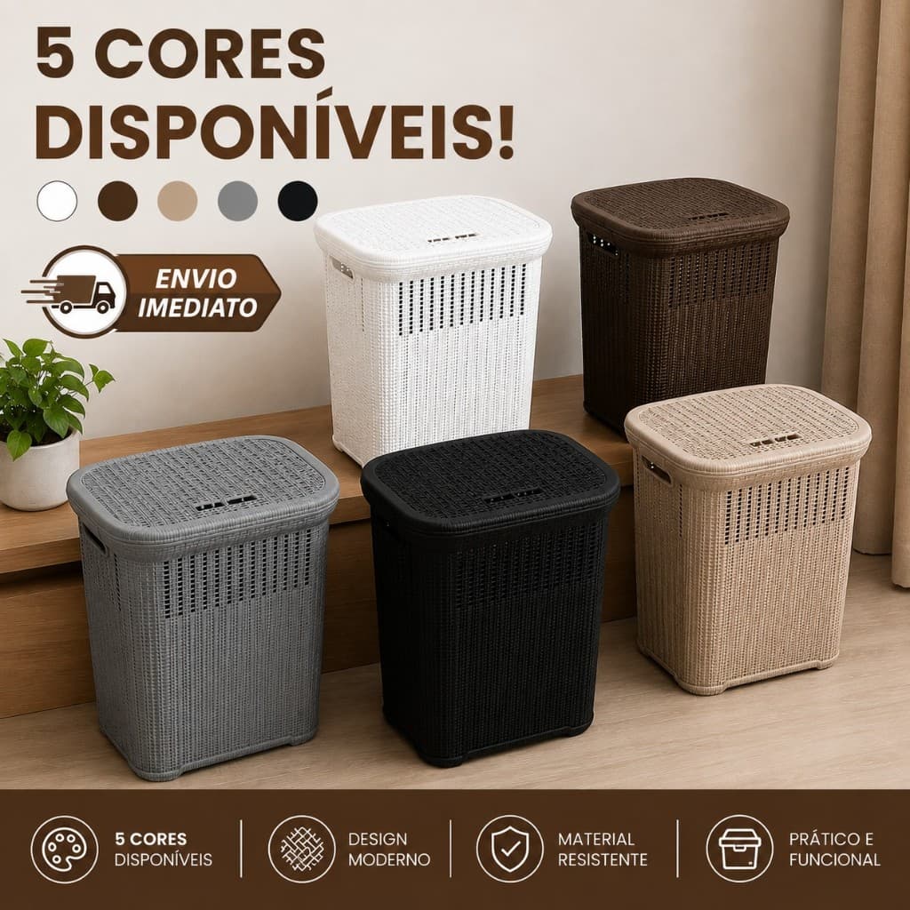 Cesto de roupa Organizador Rattan Telado Premium 50 Litros com tampa Lavanderia Banheiro Roupas Roupas