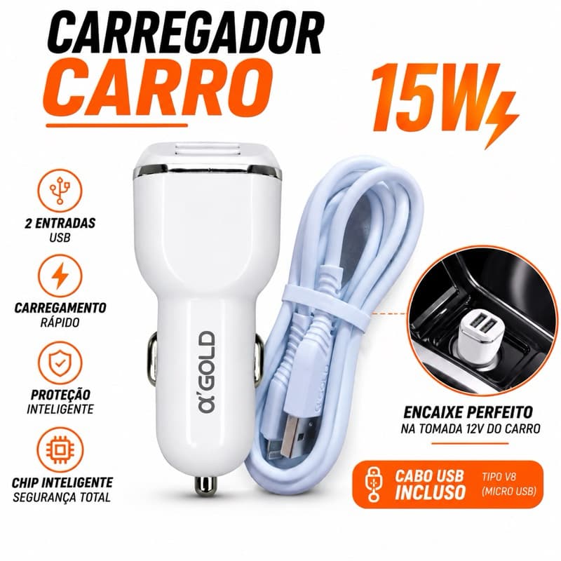 Carregador de Carro para Celular Com Cabo Carregador Veicular Turbo 15W USB 2 Entradas A'GOLD