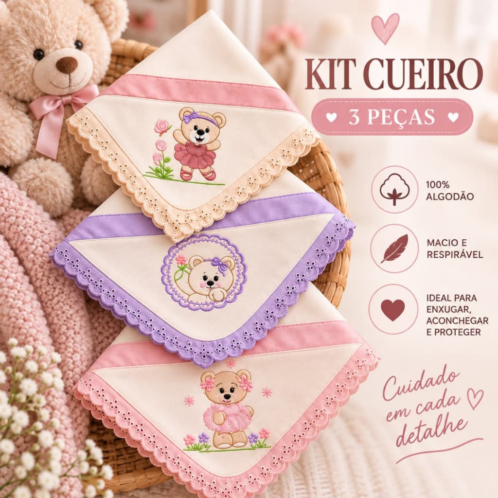 KIT CUEIRO FLANELADO BEBÊ 3 PEÇAS 100% ALGODÃO MENINA E MENINO BORDADO ENXOVAL RECÉM NASCIDO MACIO E CONFORTÁVEL RN