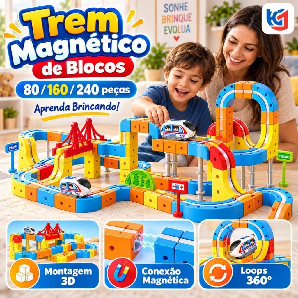 Trem Elétrico Pista Kit Trem Magnético 80/160/240Peças Blocos de Montar 3D Recarregável USB Brinquedo Educativo Infantil