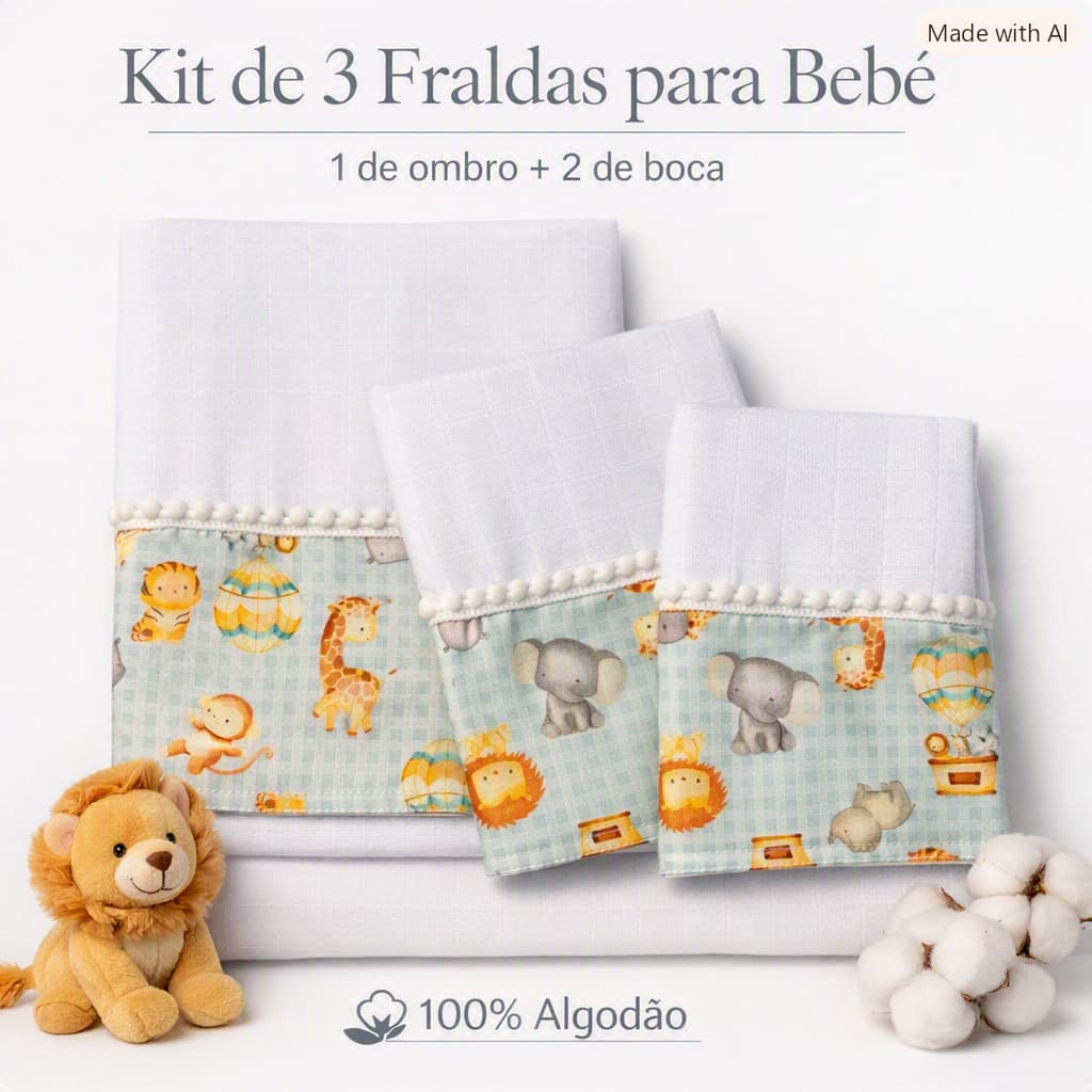 Kit 3 Fraldas Bebê Algodão – 1 Ombro e  2 Boca (Enxoval, Recém-Nascido)
