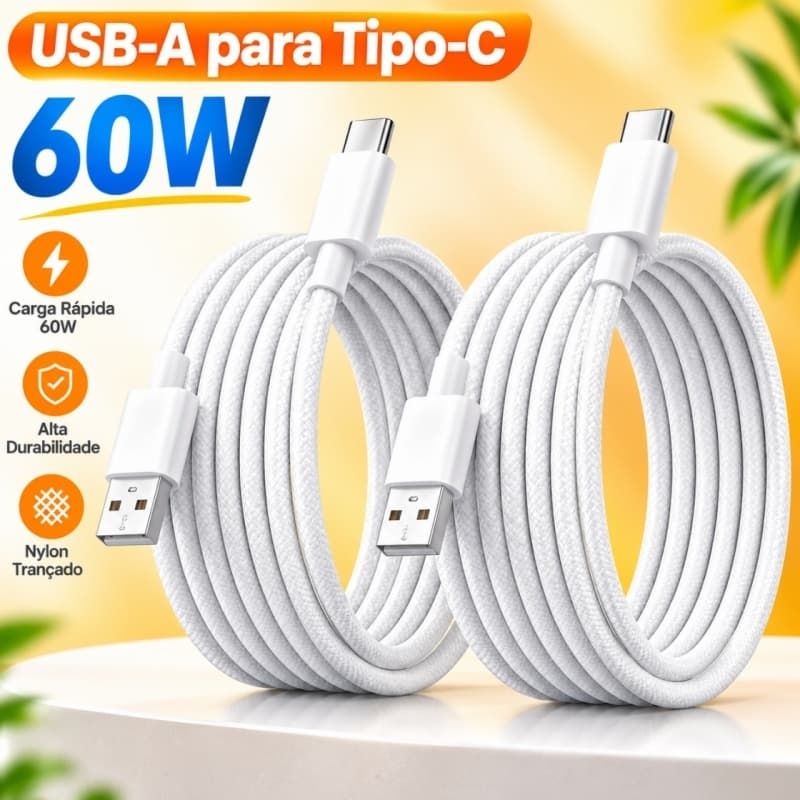 Cabo Carregador USB para Tipo-C 1 Metro Trançado Rápido, Compatível com iPhone 15 e Celulares Android --USB-A para USB-C