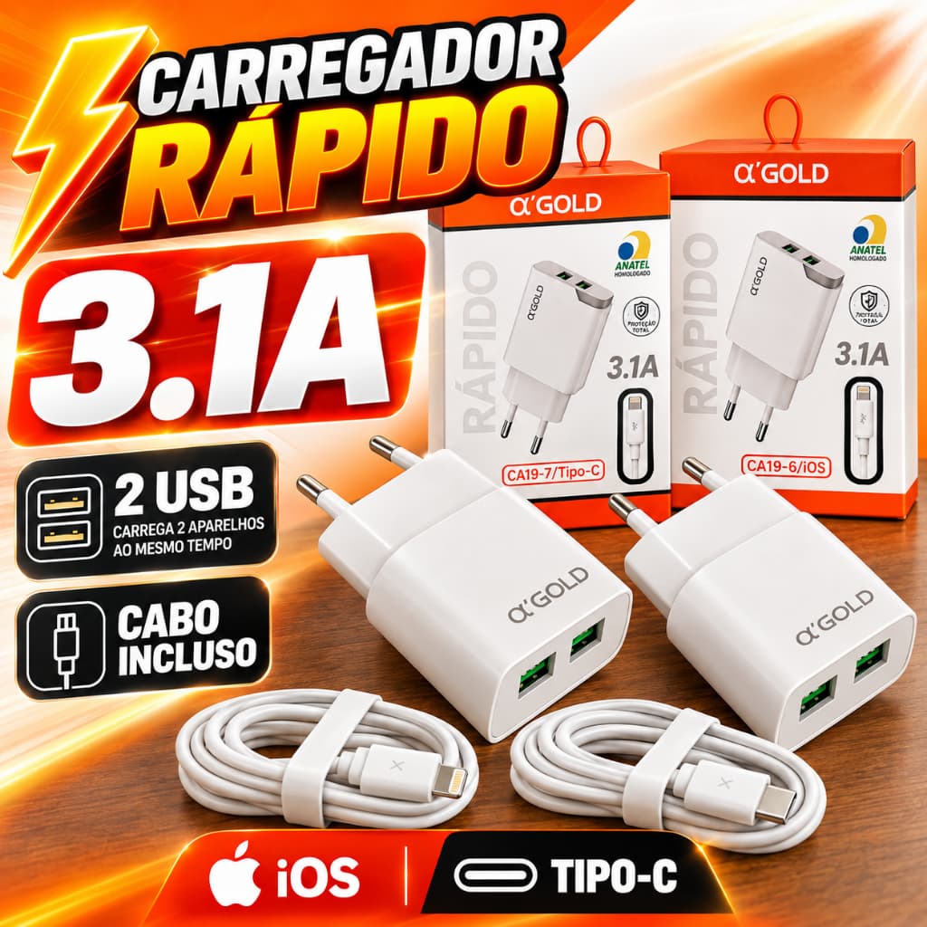 Kit Carregador Rápido 3.1A 2 USB com Cabo iOS ou Tipo C Fonte Celular