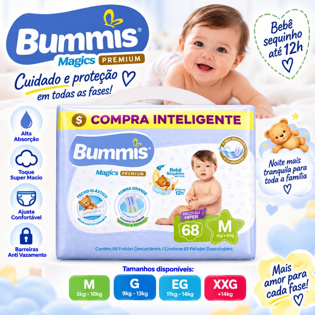 Fralda Descartável Bummis Tubos Pacotão Hiper Tamanho M 68 Unidades Capricho
