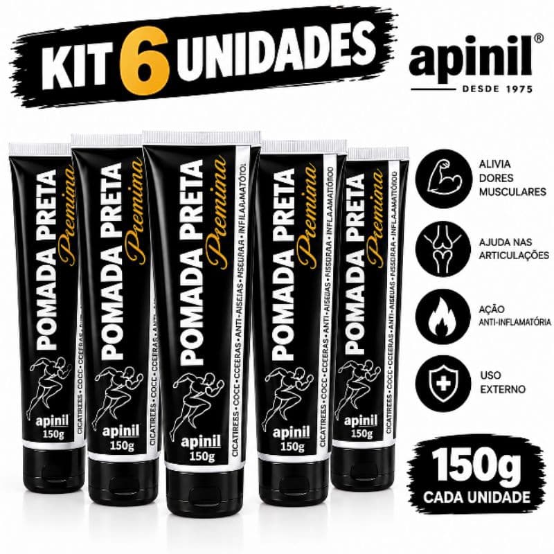 Kit Pomada Preta Premium Apinil Massageadora Alívio Dores Musculares Atacado 3 e 6 Unidades Original”.
