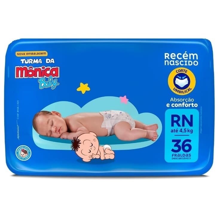 1 pacote Fralda RN Turma da Mônica 36 unidades Recém-Nascido até 4,5kg