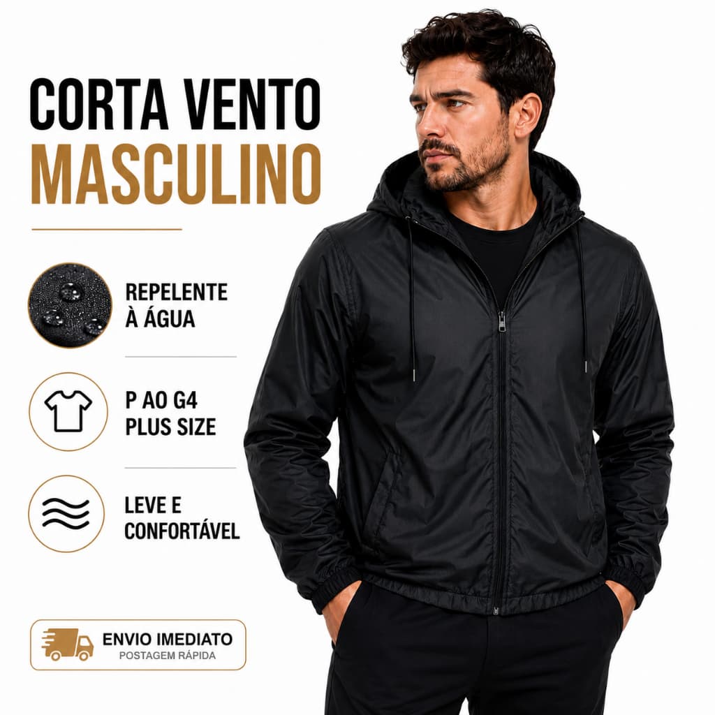 Jaqueta Corta Vento Masculino Impermeável com Capuz Tecido Leve P ao G4 Plus Size