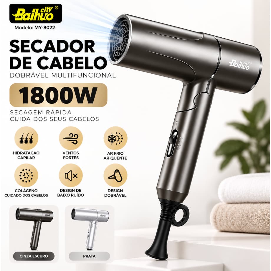 Secador de Cabelo Profissional Luxo Dobrável 1800W Ar Quente e Frio Potente Baixo Ruído
