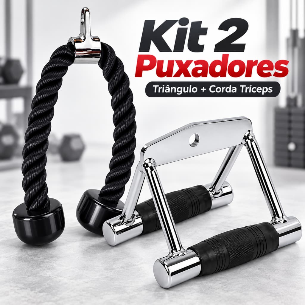 Kit Puxador Triângulo Remada + Corda Tríceps 70cm MIG Polia Crossover Academia Musculação Treino