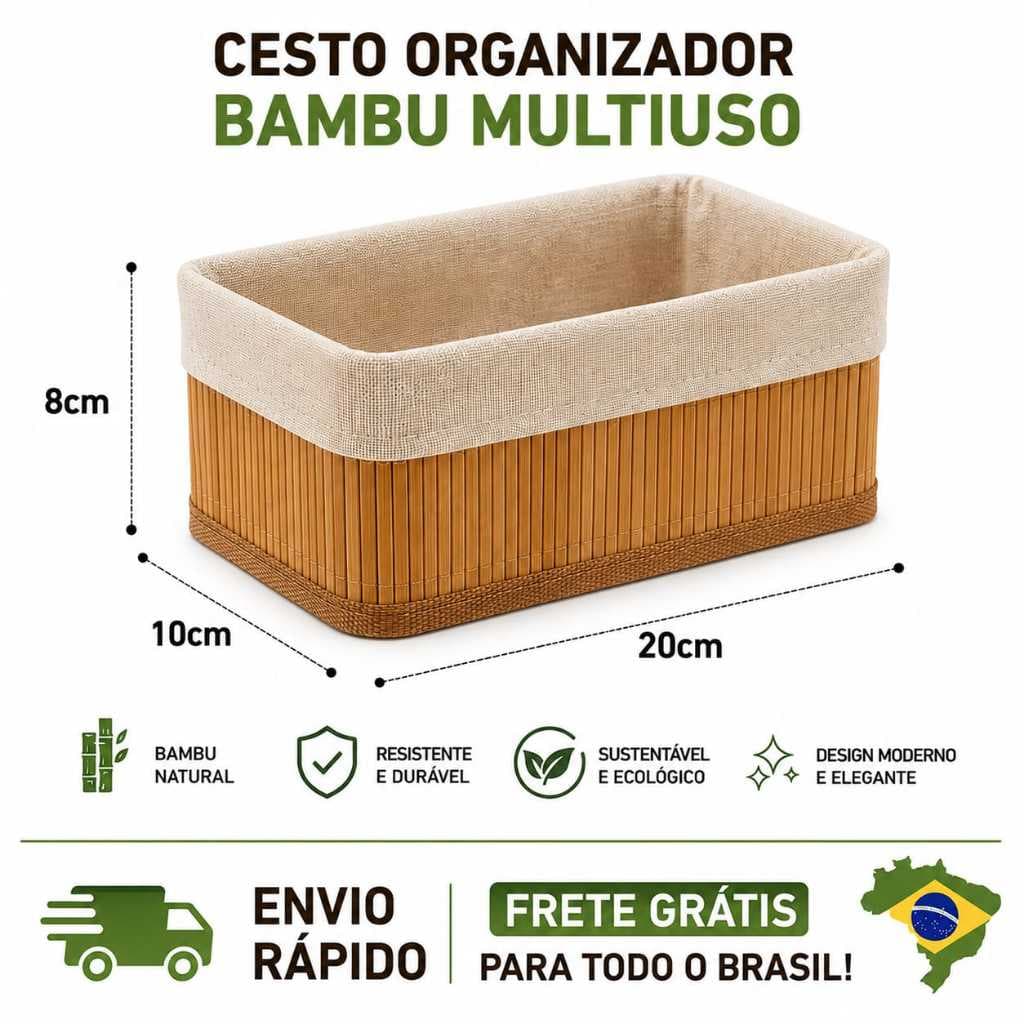 Cesto Organizador Bambu com forro Multiuso Cozinha Escritorio Banheiro Quarto Maquiagem kit 1un 2un 3un