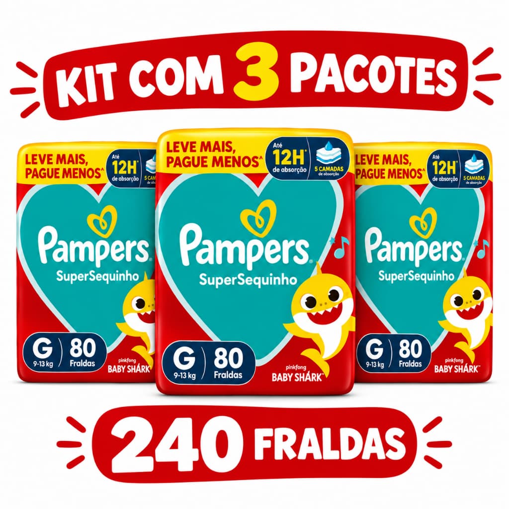 Pampers G SuperSequinho – Kit 3 Pacotes 240 Fraldas