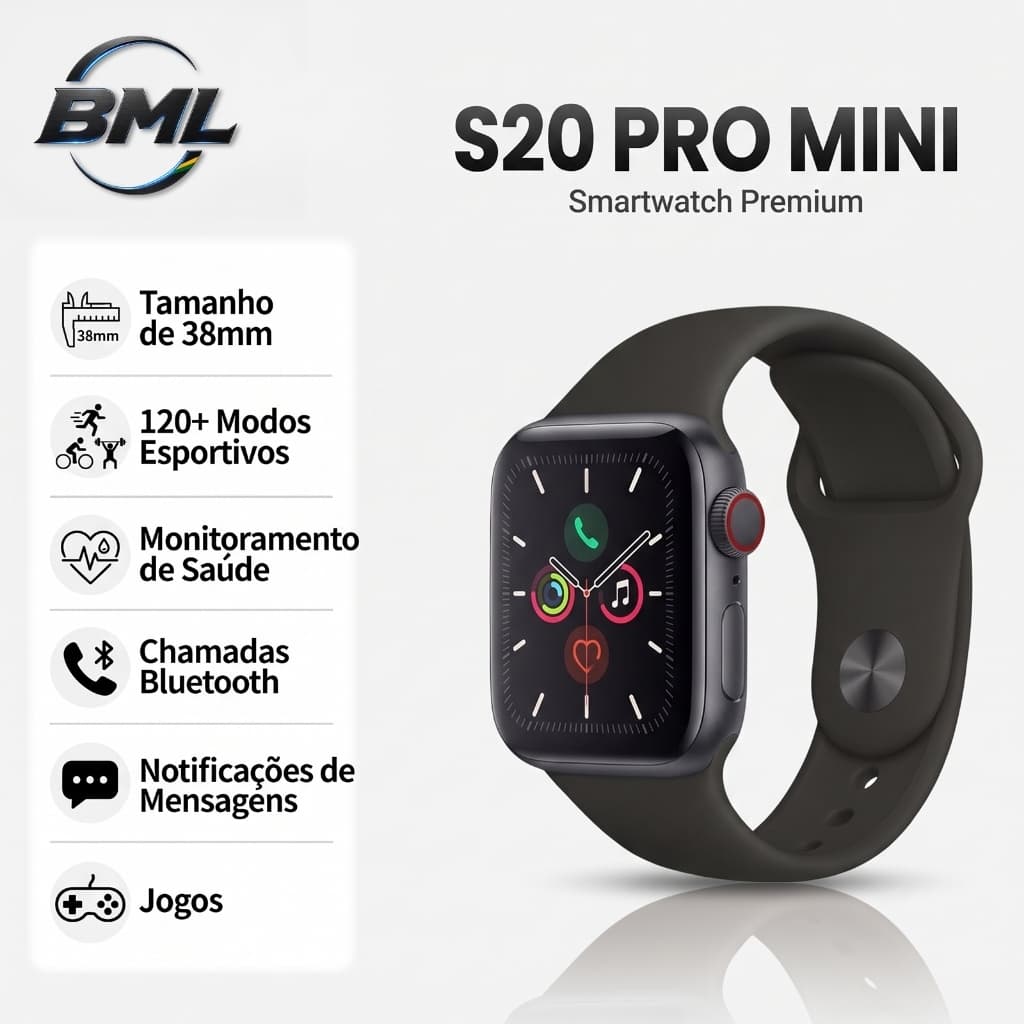BML Relógio Inteligente Smartwatch S20 PRO MINI NFC GPS Chat GPT Bluetooth Call a prova de água