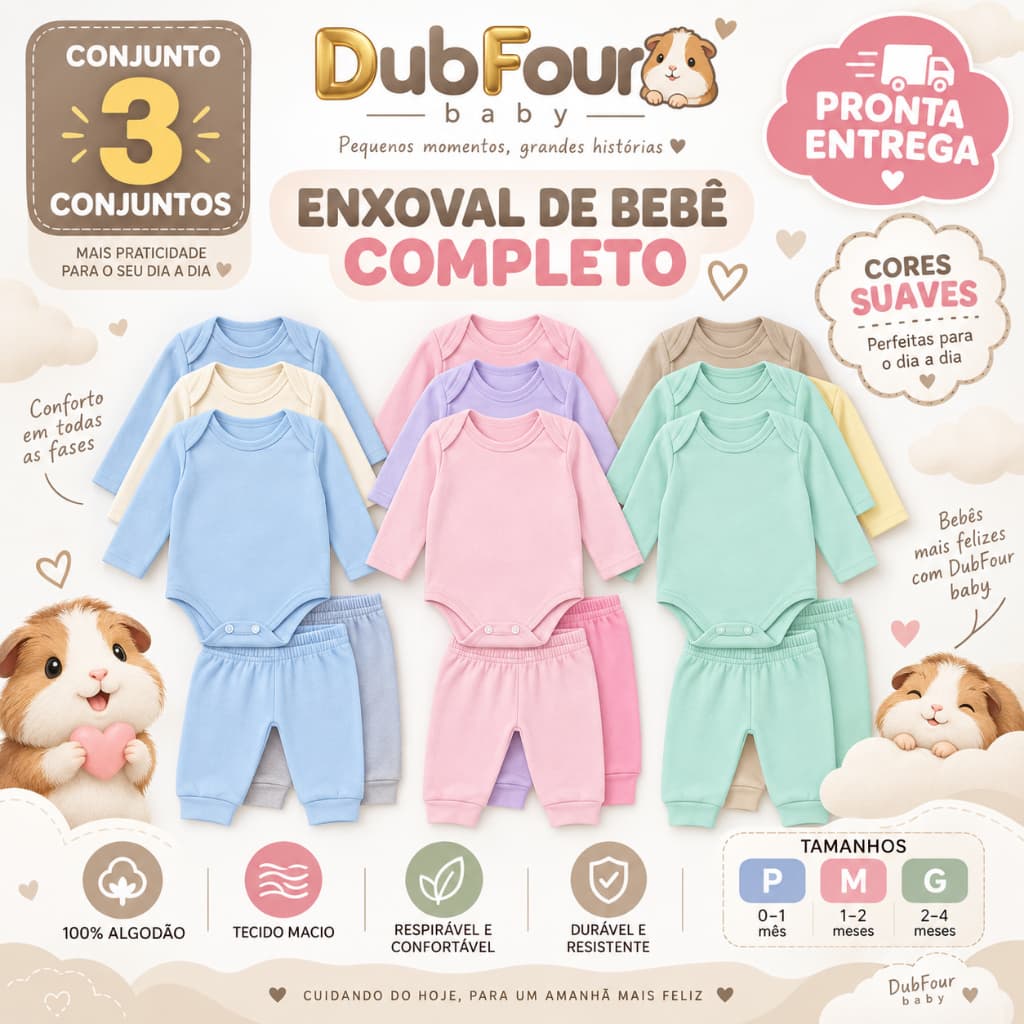 Kit 6 Peças Conjunto Body Manga Longa E Calça Mijão De Bebê Menino Menina enxoval