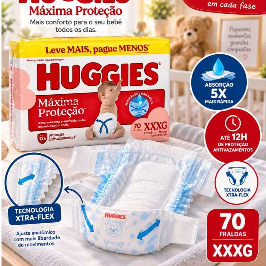 Fralda Huggies Máxima Proteção XXXG 70 Unidades – Antivazamento