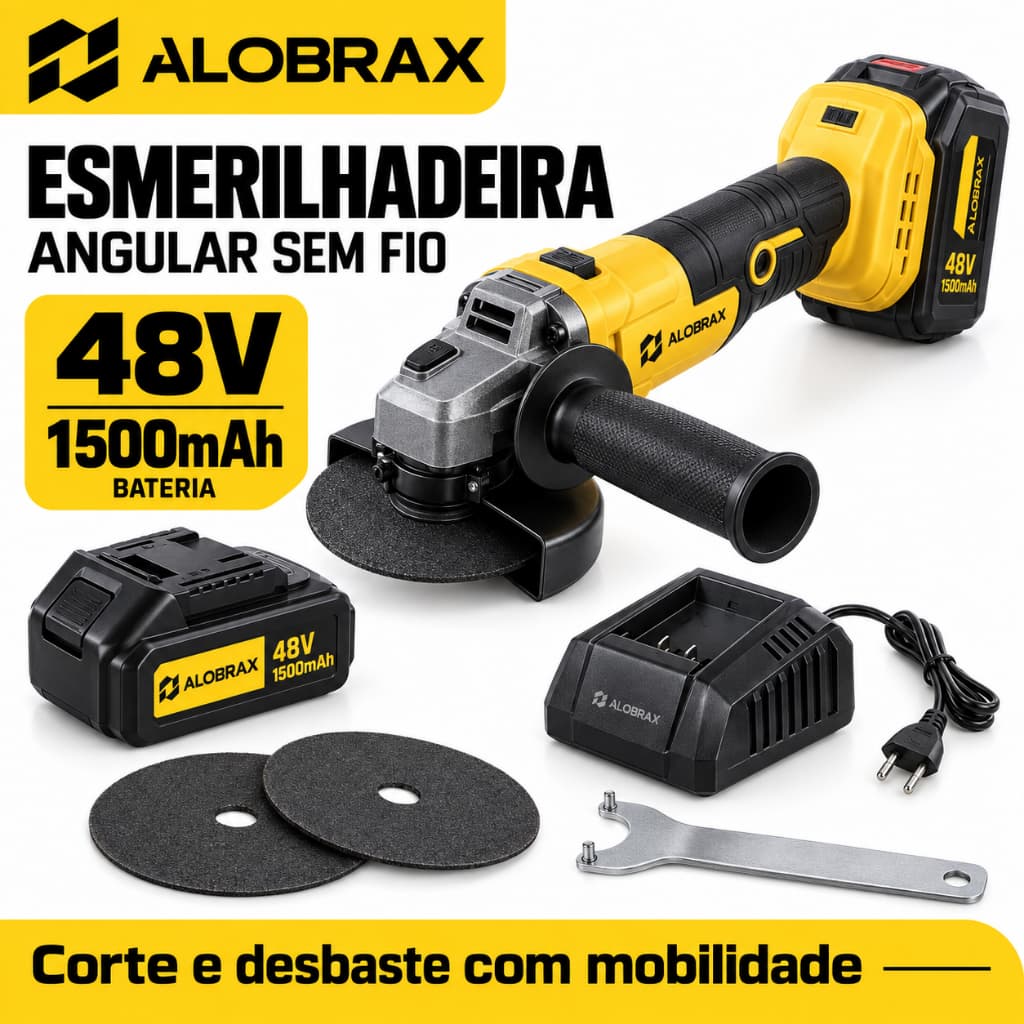 【3 Anos de Garantia】 Esmerilhadeira Angular ALOBRAX Brushless Sem Fio 48V 1500mAh com 1 Bateria e Carregador