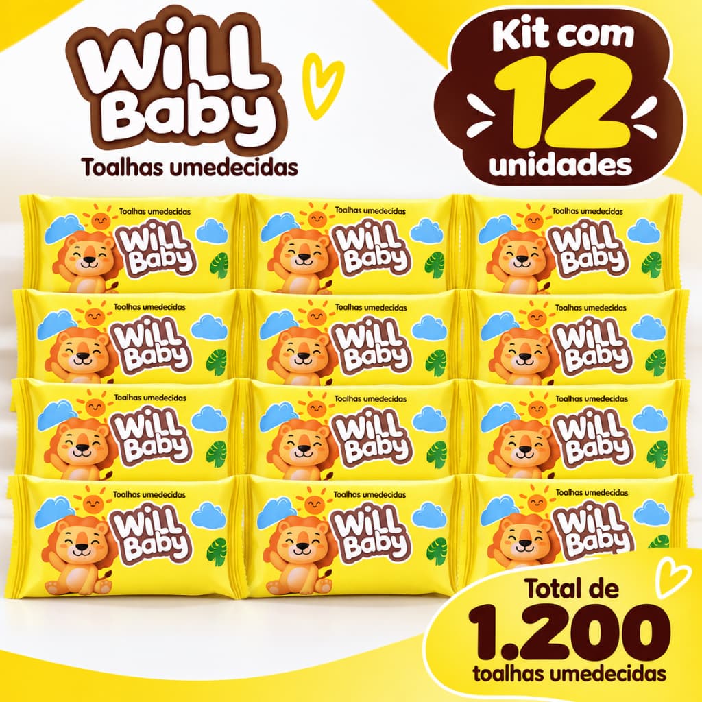 Kit 12  Lenços Umedecidos Will Baby 100 Unidades Cada – 1.200 Toalhas com Aloe Vera para Bebê