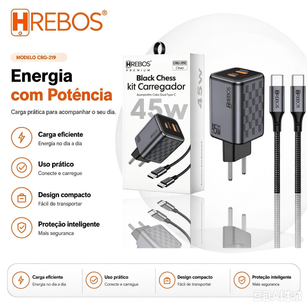 HREBOS Carregador Turbo 45W 2 Portas USB + USB-C com Cabo Tipo C Trançado,Carregamento Rápido para Celular Tablet e iPad