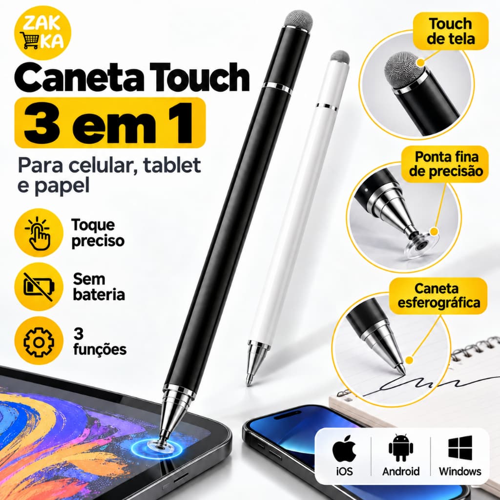 Caneta Touch 3 em 1 para Celular e Tablet, Ponta Fina + Touch + Esferográfica, Sem Bateria
