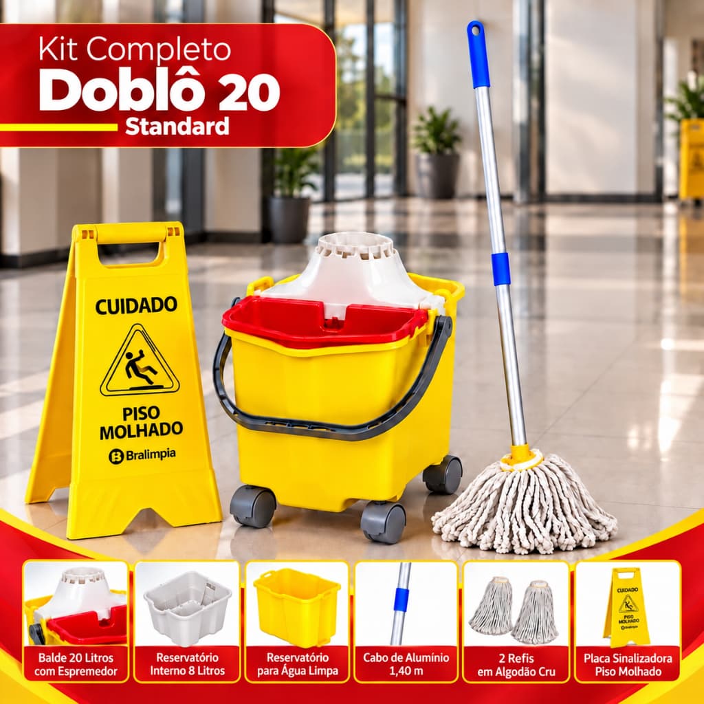 Kit Carrinho de Limpeza Profissional Bralimpia Carrinho Doblô 20L Mop Placa de Piso Molhado Kit Completo
