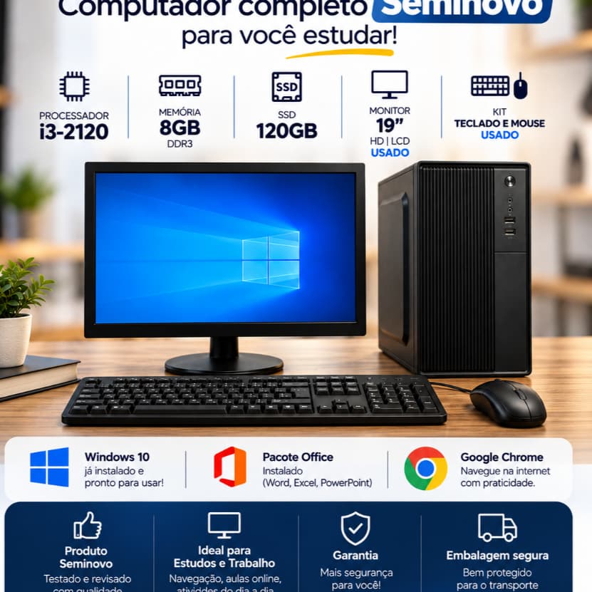 Computador Intel i3, 8GB, SSD 120GB Completo para Trabalhar e Estudar, Windows 10, Office, Monitor e Kit