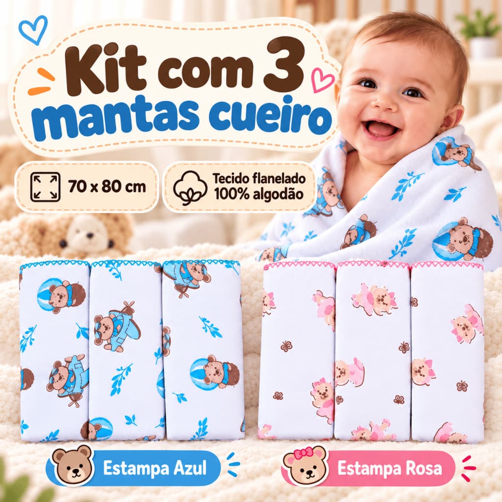 Kit 3 Mantas Cueiro Bebê Flaneladas Estampadas 100% Algodão 70x80cm Enxoval Recém-Nascido Menino Menina