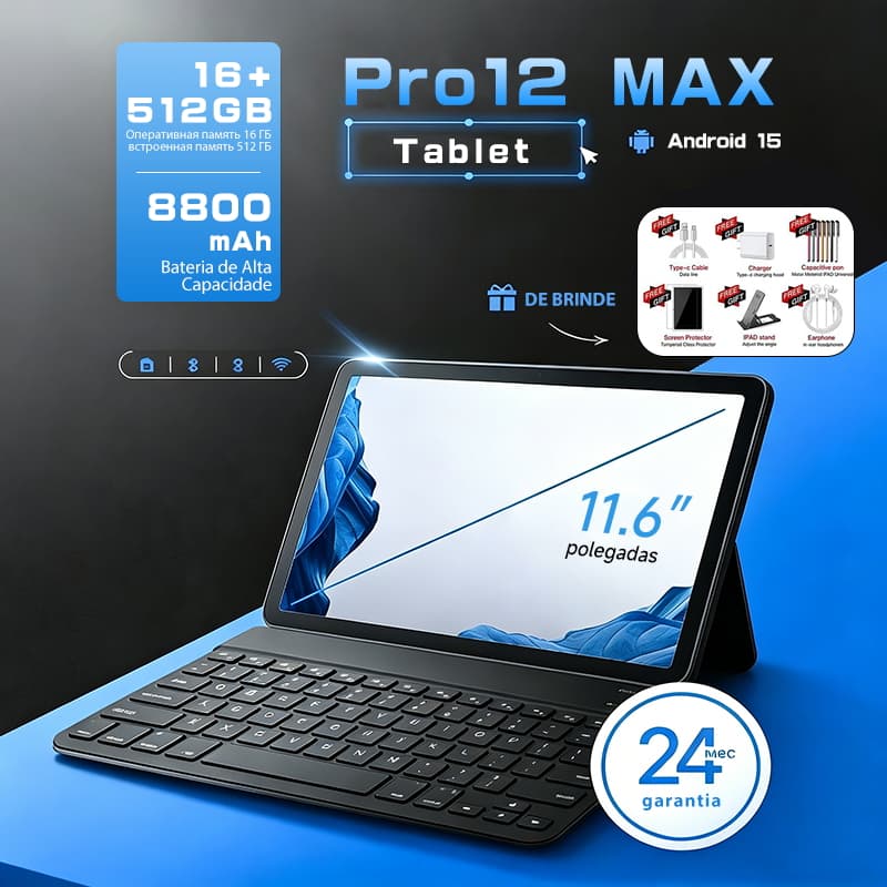 Tablet Galaxy Pro12 MAX 11,6" 16GB +512GB Android 15 Processador MTK6797 8800mAh Teclado e Caneta - Para Jogos e Estudos