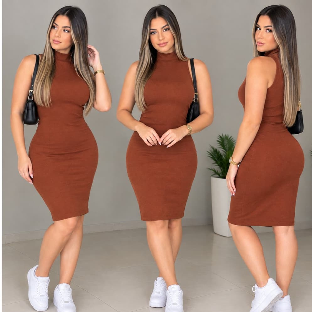 Vestido Feminino Midi Canelado Gola Alta