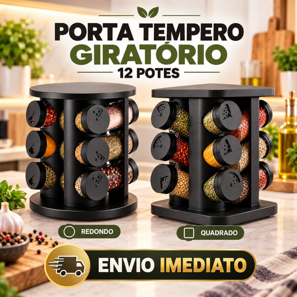 Porta Tempero Giratório 12 Potes Condimentos Preto Vidro Reforçado - Conjunto
