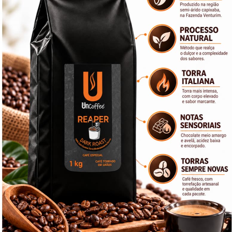 Café Conilon Capixaba REAPER Torra Italiana perfil exclusivo Uncoffee com Double Cafeína em GRÃOS