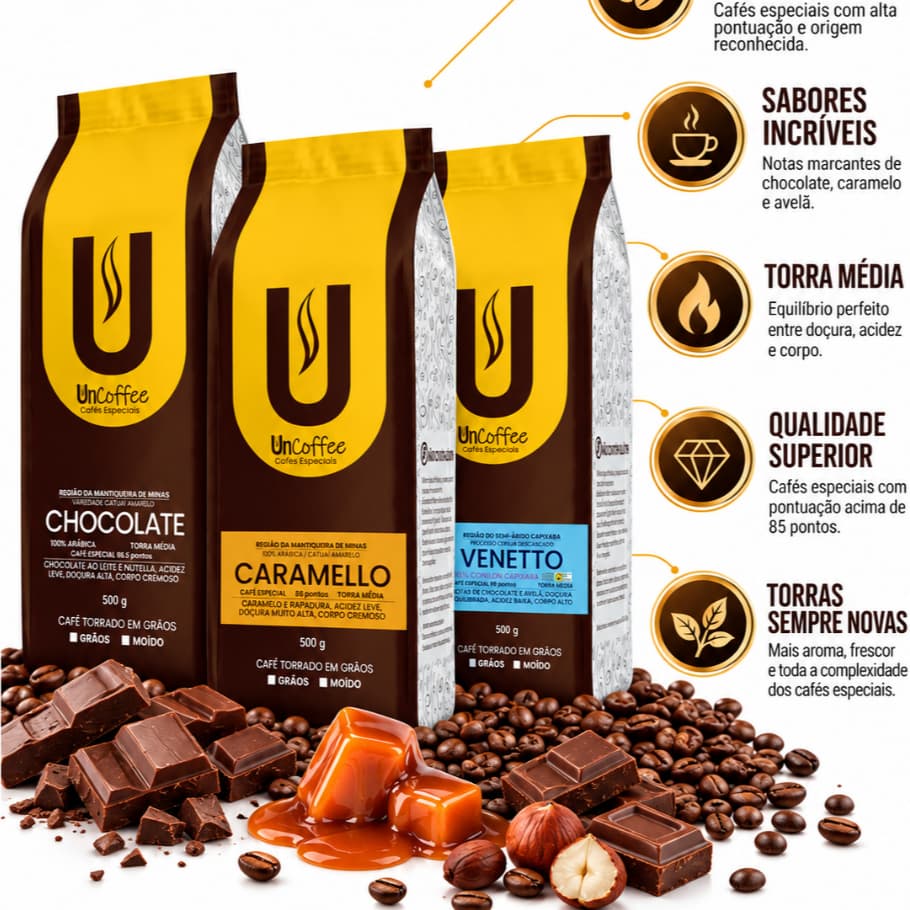 Café Especial UnCoffee Trio + Vendido –Torrado em Grãos ou Moído - 250g ou 500g
