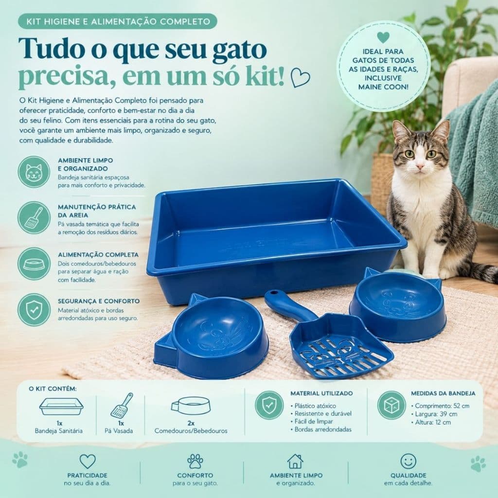 Kit Higiene e Alimentação para Gato com Caixa de Areia Sanitária 2 Comedouro e Pá Vazada
