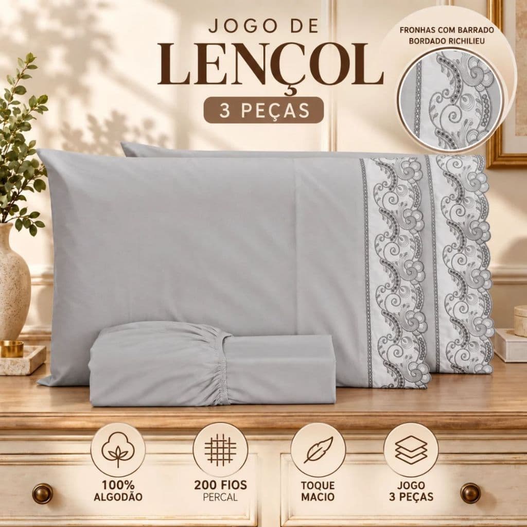 Jogo de Lençol casal Padrão Richilieu 3 Peças 2 fronhas e 1lençol de baixo