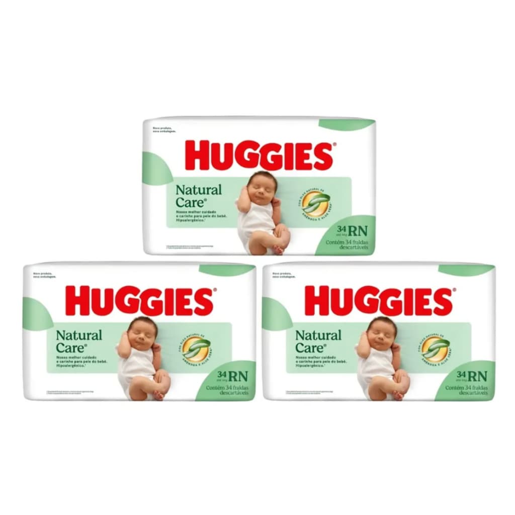Kit 3 Fralda Recém - Nascido Natural Care 34 Uni. Huggies - Original